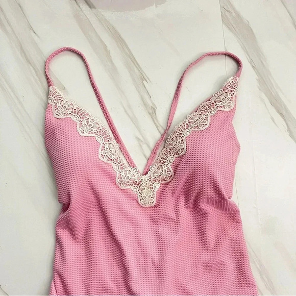 Aerie Waffle V-Neck One Piece Swimsuit Size XL Country Pink Adjustable Straps - Picture 6 of 14